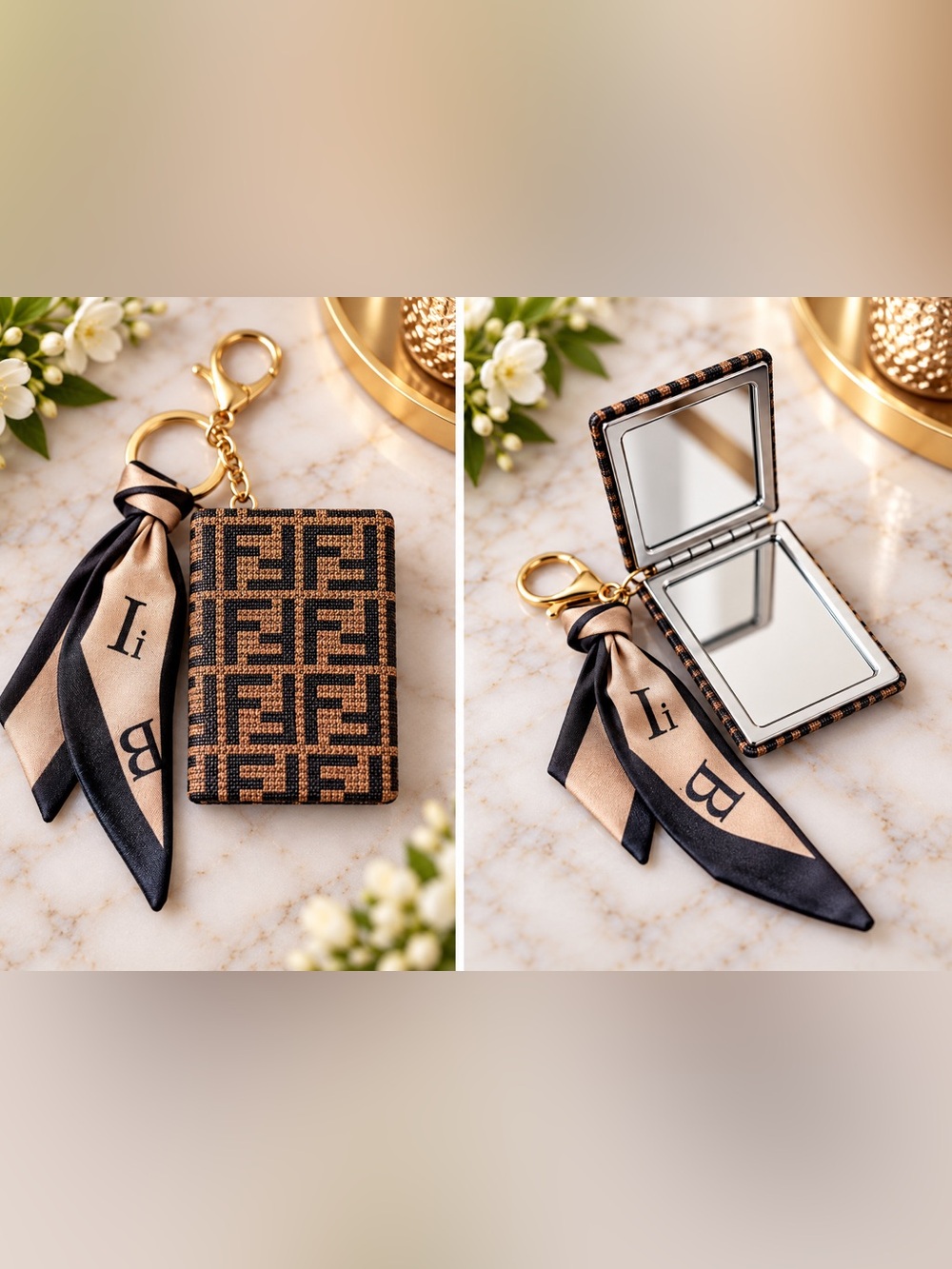 Brown & Black Compact Mirror Keychain with Scarf Accent